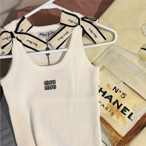 Miu Miu White Tank Top with Black Bow Accents